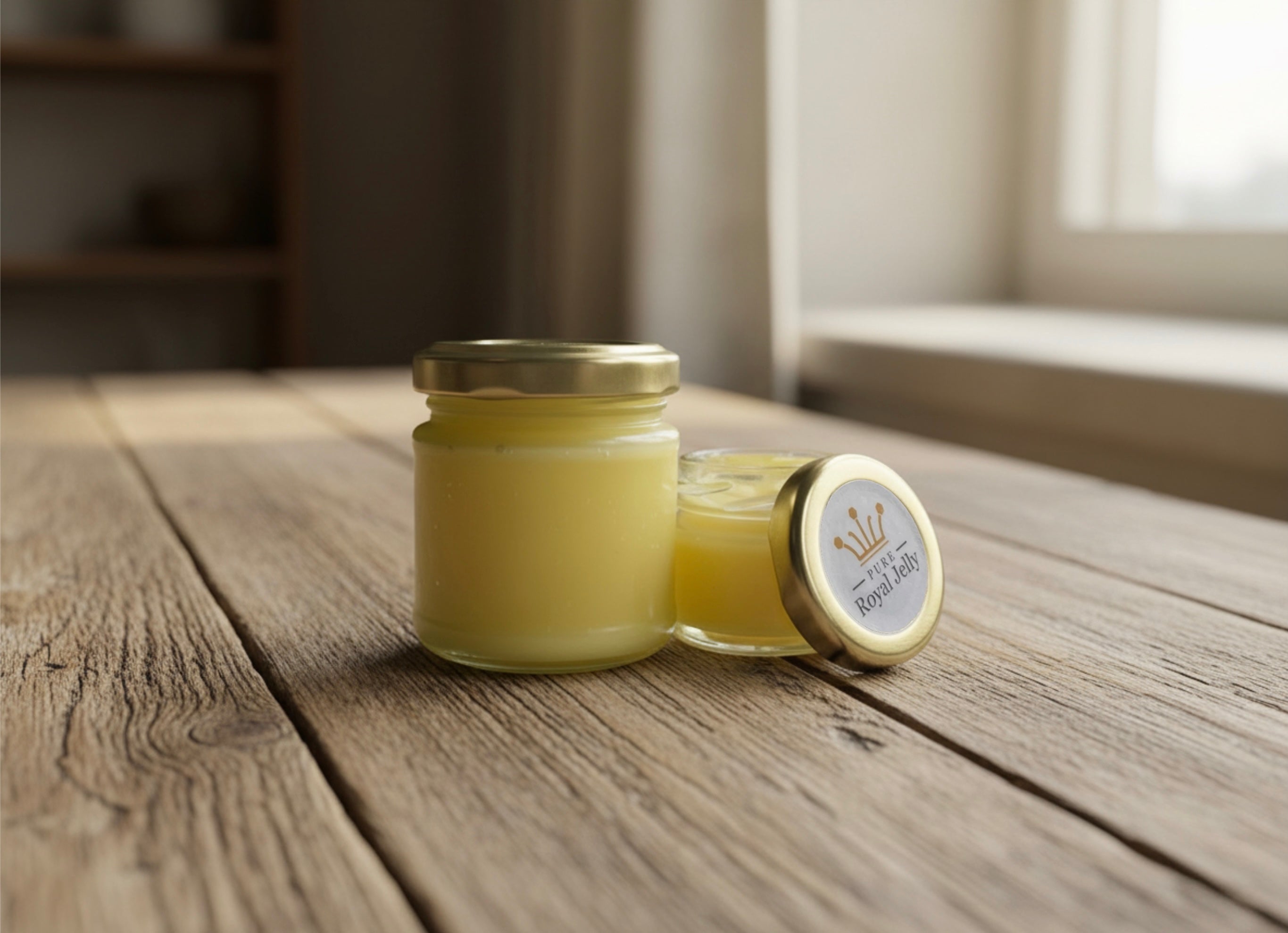 Jars of pure royal jelly on a wooden table